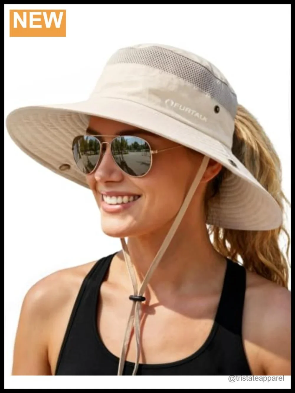 Women's UV Protection Wide Brim Ponytail Sun Hat with Chin Strap